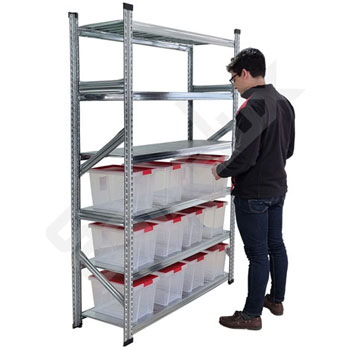 Estanter�a met�lica Galvamil con 6 estantes y 12 cajas de organizaci�n en los estantes inferiores